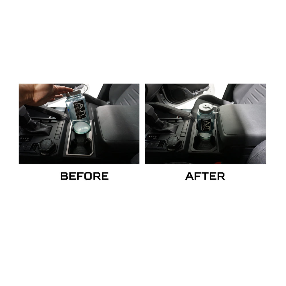4Runner cup holder before and after with a water bottle