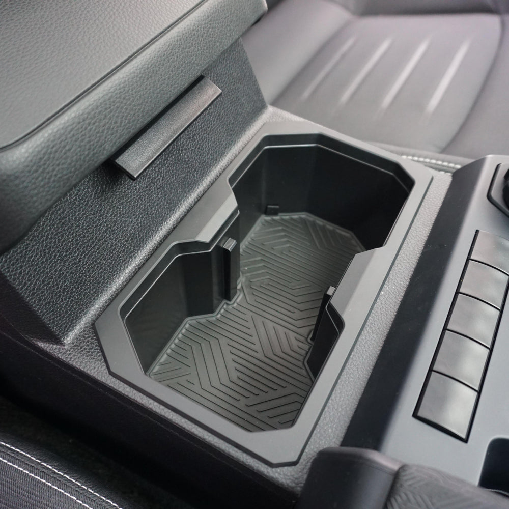 Close up of the AJT Design oversized cup holder installed in the 4Runner