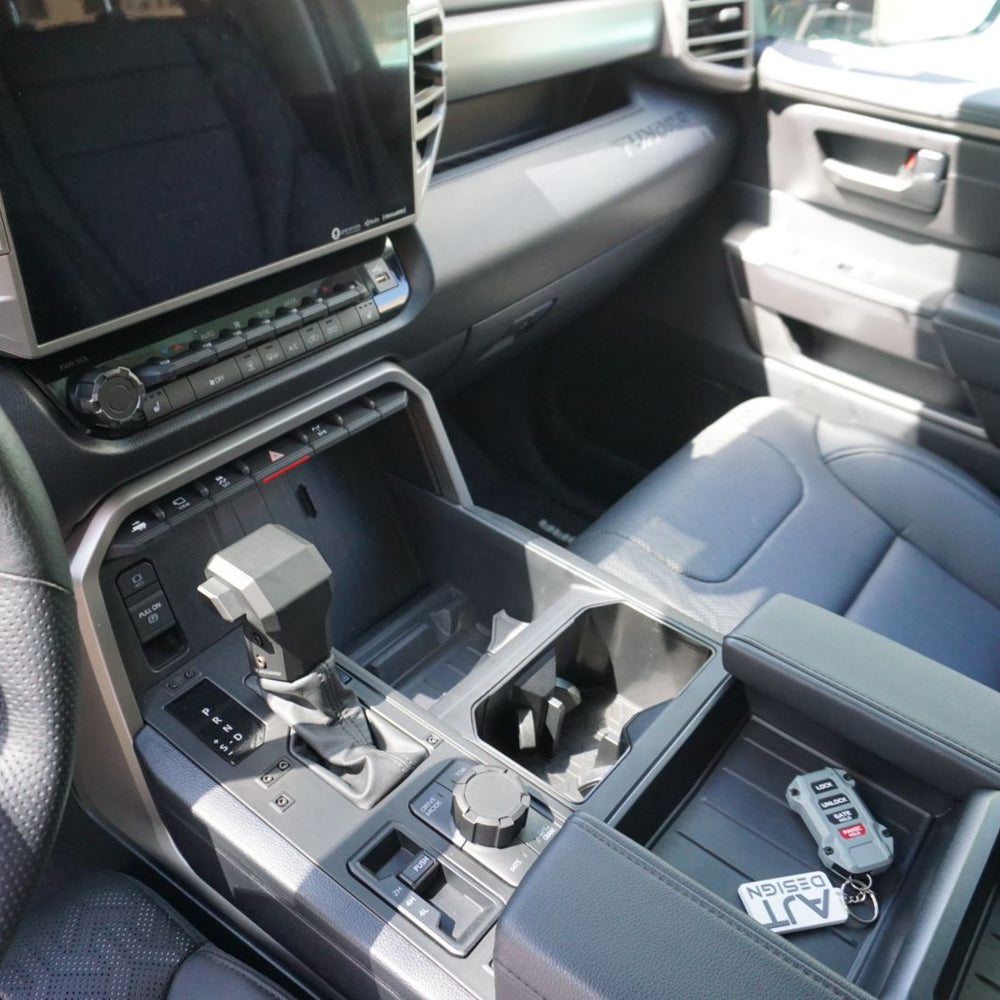 AJT Design interior trim kit installed in a 2022+ Toyota Tundra center console