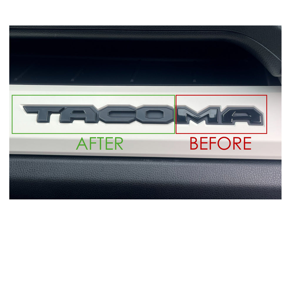 Before and after of glovebox letters on a Tacoma dash