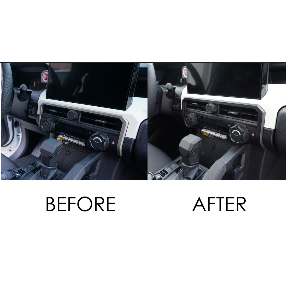 Before and after of the AJT Design center vent trim on a 2024+ Toyota Tacoma