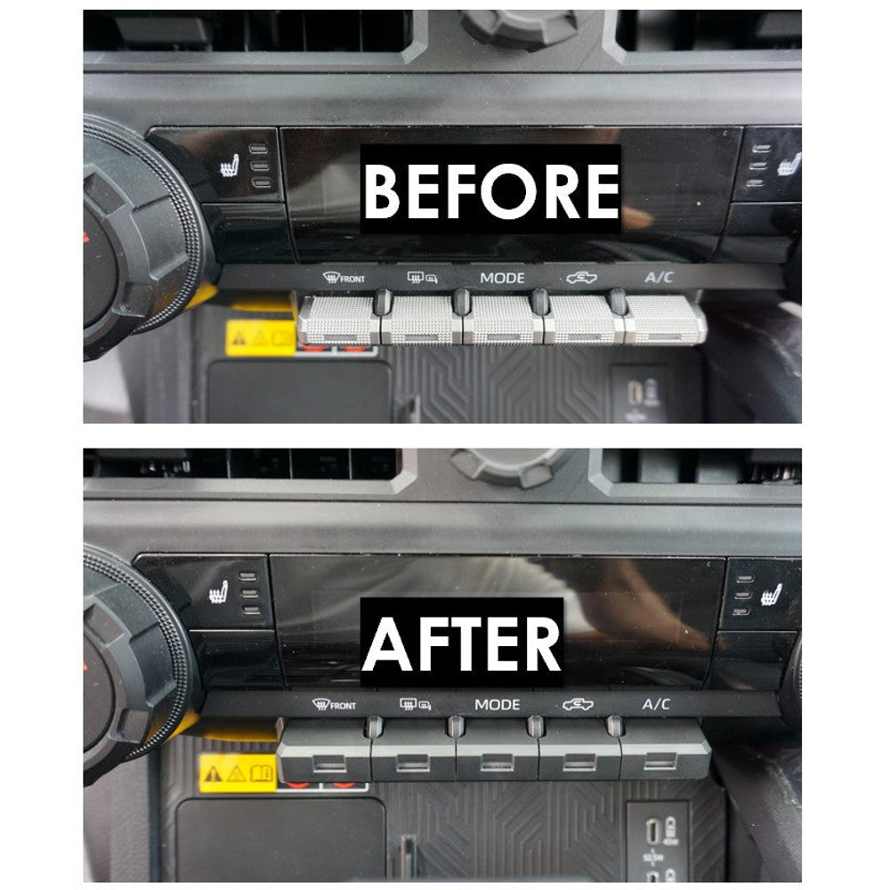Before and after AJT Design toggle covers on a Tacoma climate panel