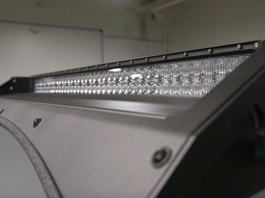 Close up of exposed LED light bar on Premium roof rack - Cali Raised LED