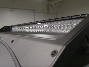 Close up of exposed LED light bar on Premium roof rack - Cali Raised LED